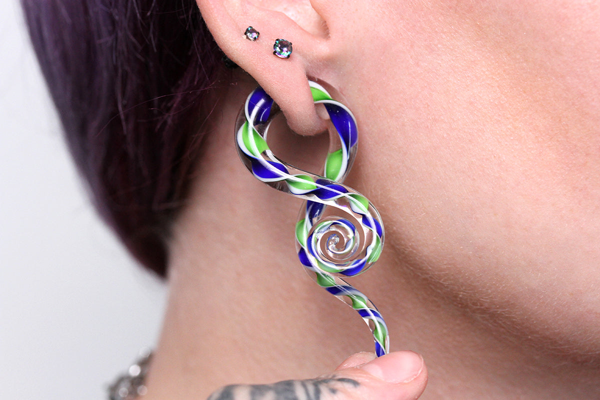 Blue / Green Glass Twisting Hanger Plugs (Pair) - G069