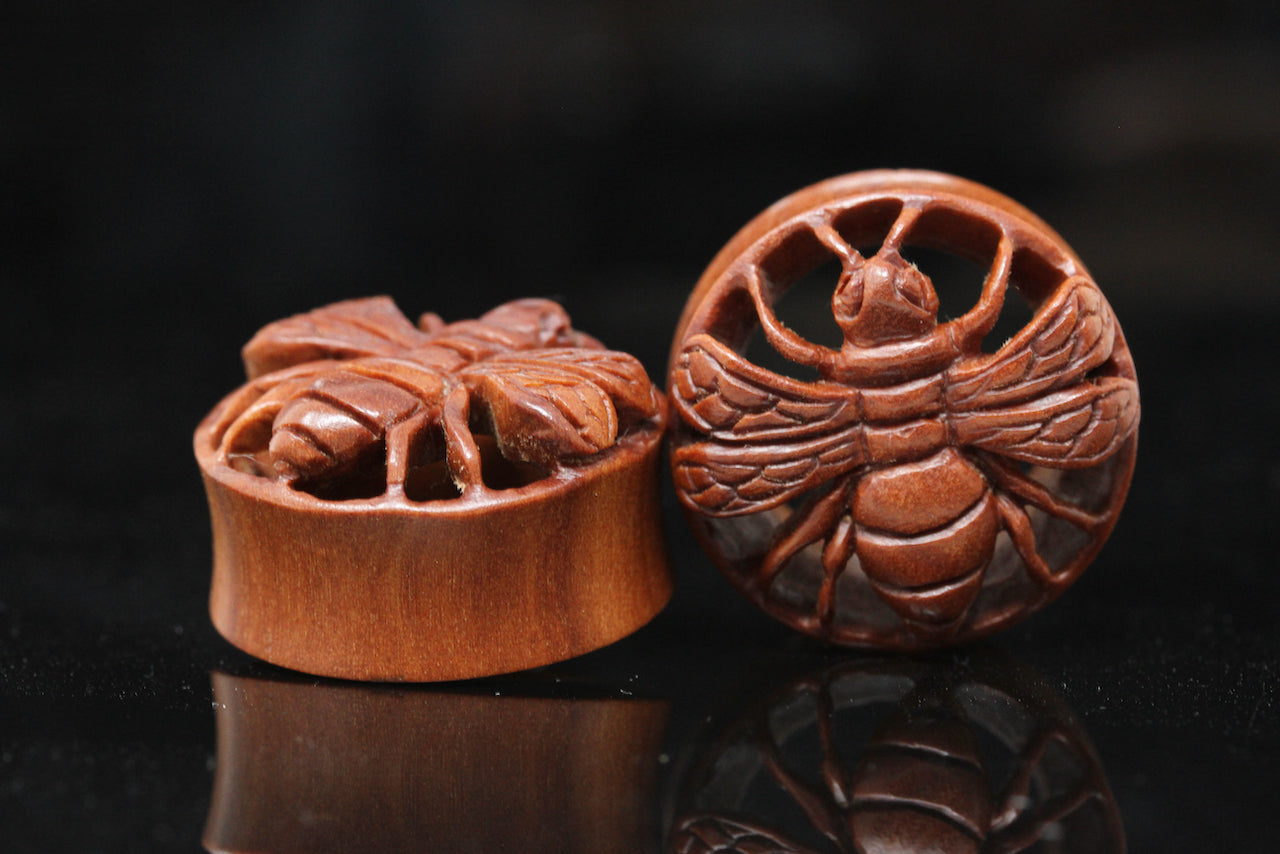 Wooden Bee Plugs - Hand-Carved Plugs (Pair) - PA160
