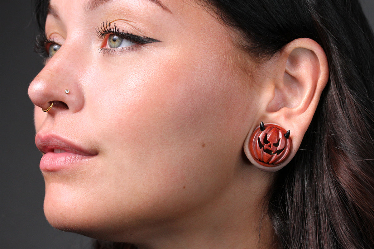 Devil Pumpkin Plugs - Wood Pumpkin Plugs (Pair) - PA180