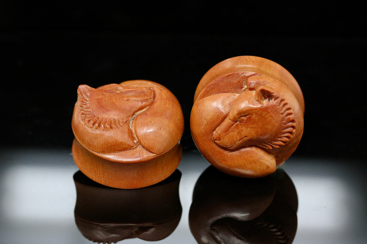 Wooden Fox Plugs - Hand Carved Wood Plugs (Pair) - PA185