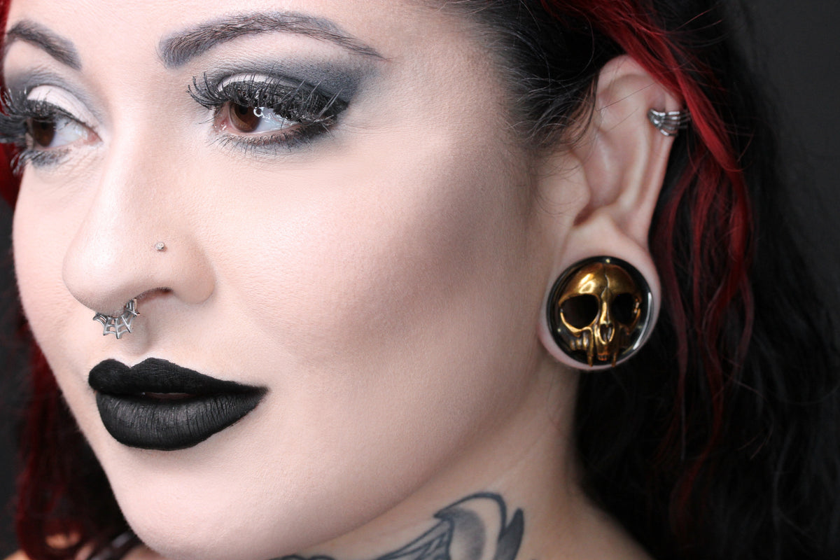 Golden Vampire Skulls Stainless Steel Tunnels (Pair) - PSS94