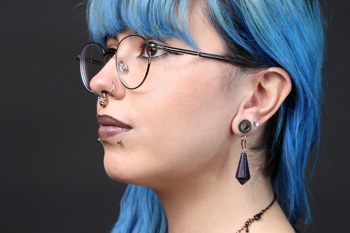 Blue Goldstone Pendulum Stainless Steel Danglers - Screw on Tunnel (Pair) - TF010