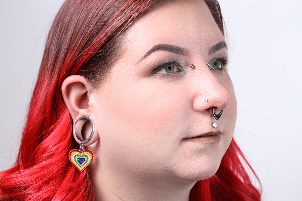 Rainbow Heart Stainless Steel Danglers - Screw on Tunnel (Pair) - TF120