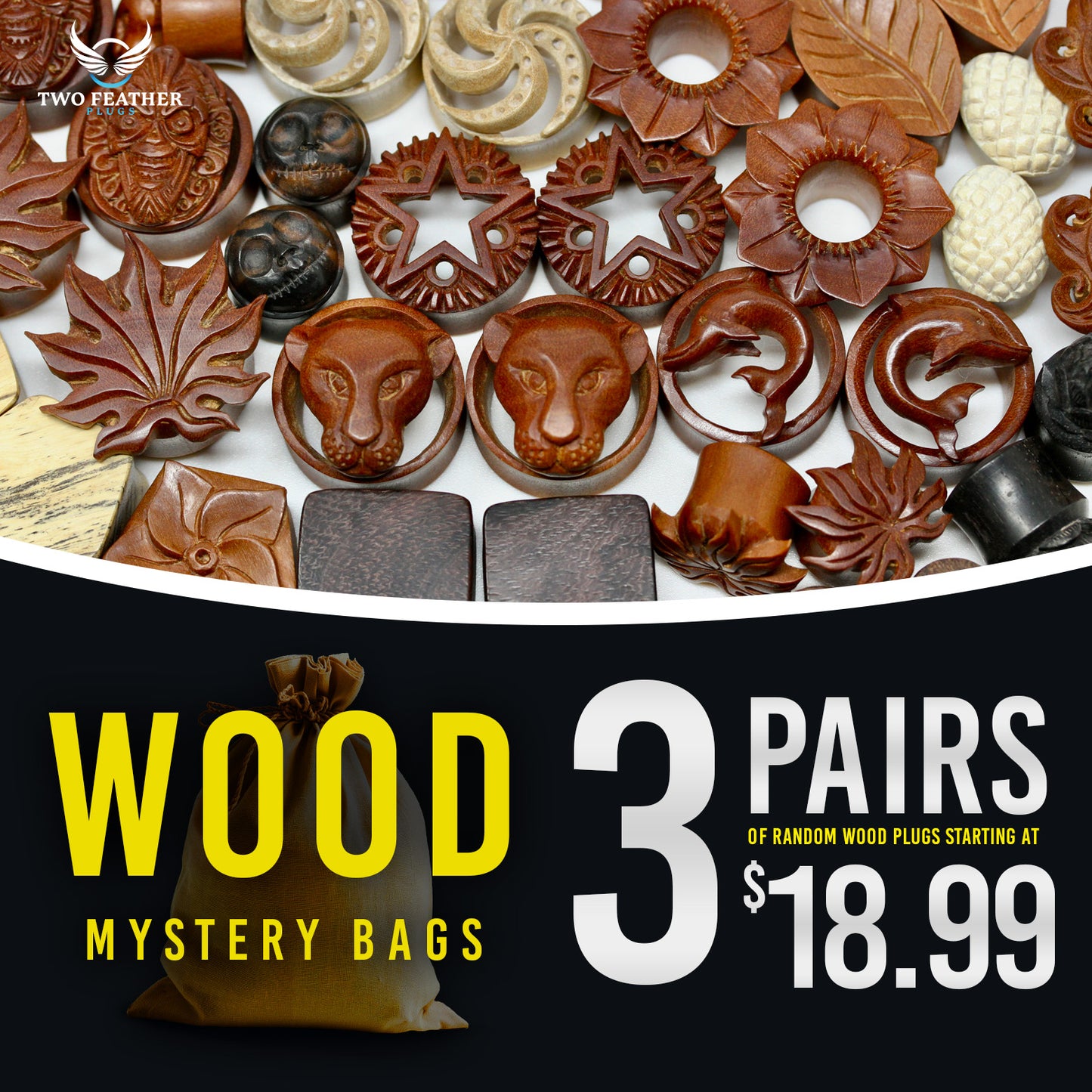 Wood Mystery Bag - 3 Pairs of Random Plugs - GBWOOD
