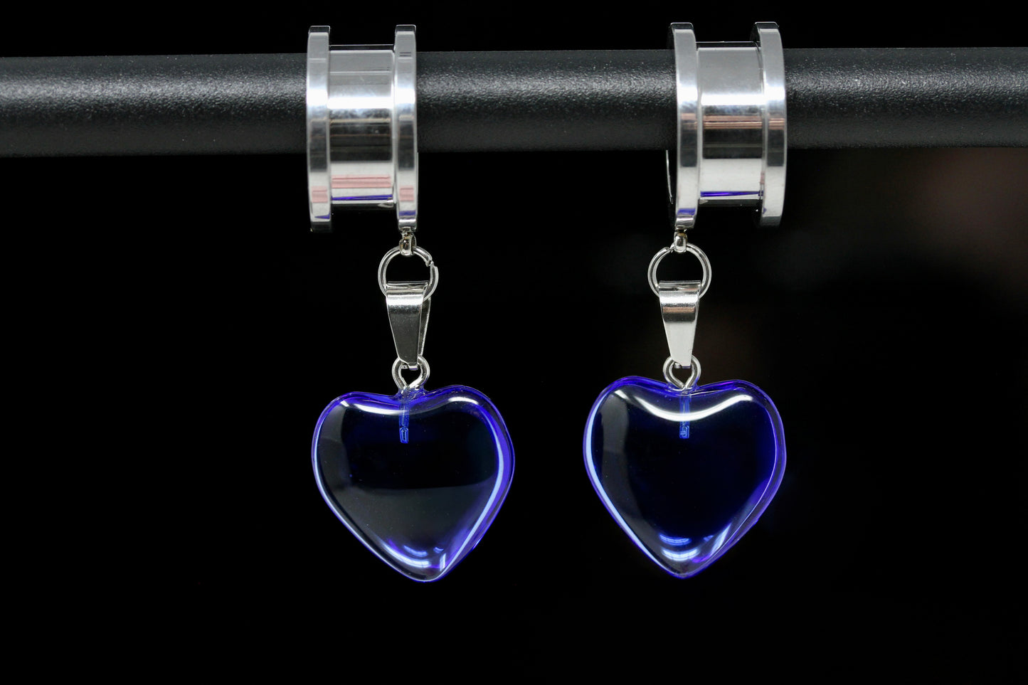 Glass Heart Stainless Steel Danglers - Screw on Tunnel (Pair) - TF154