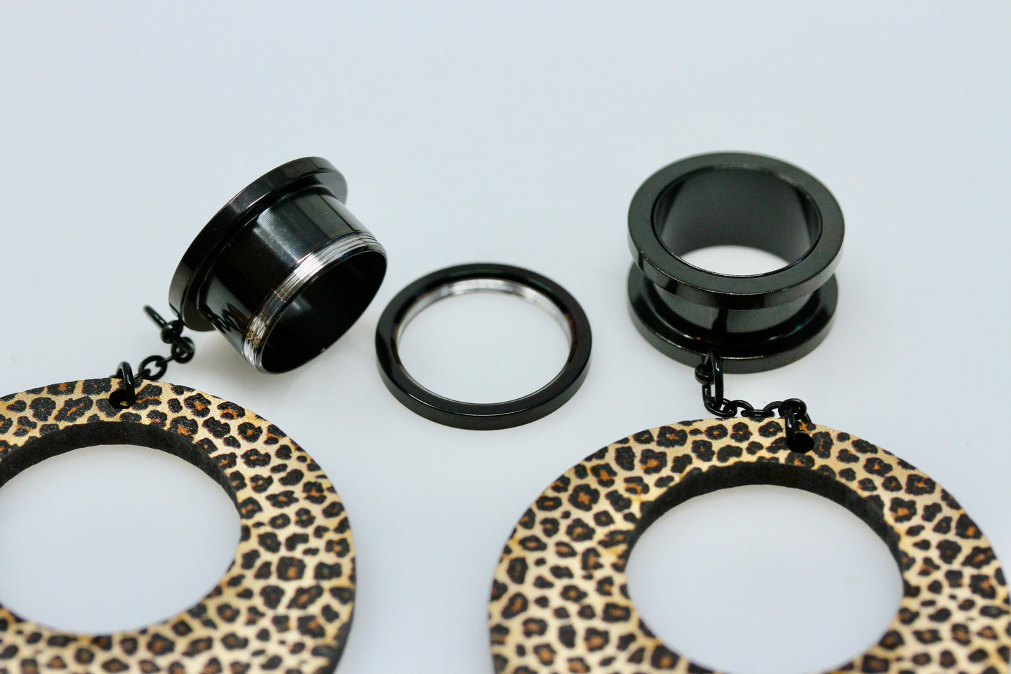 Leopard Circle Stainless Steel Danglers - Screw on Tunnel (Pair) - TF059
