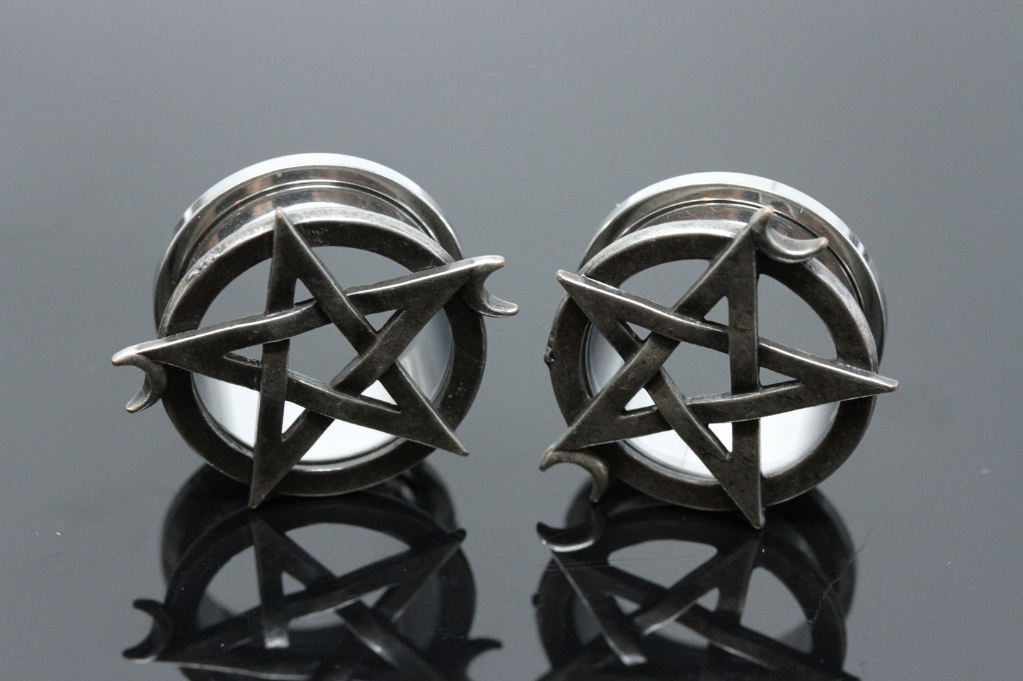 Pentagram Moon Stainless Steel Tunnels (Pair) - PSS92