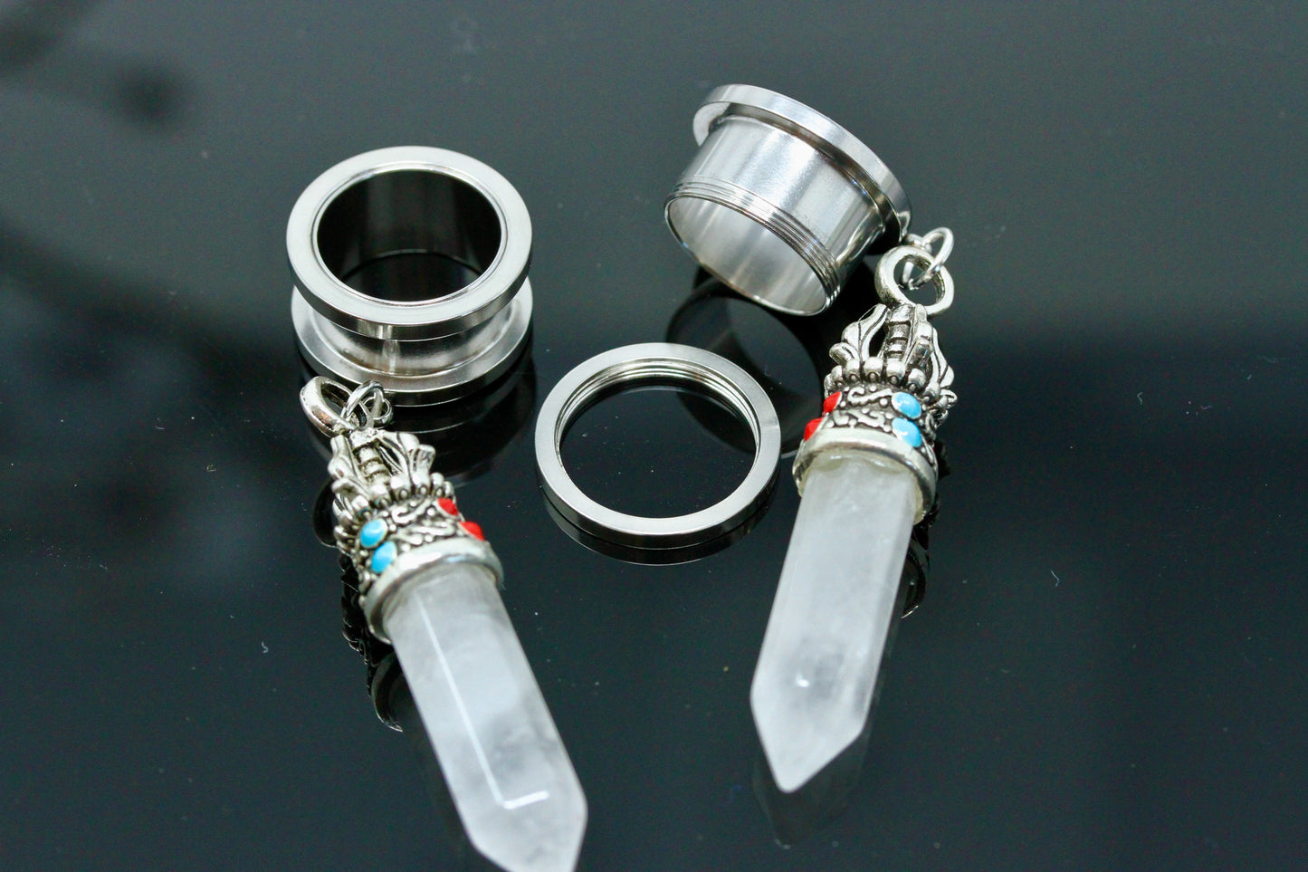 Quartz Chakra Wand Danglers - Screw on Tunnel (Pair) - TF046