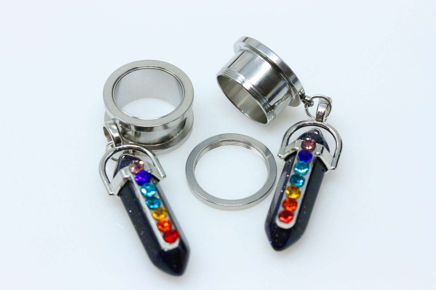 Blue Goldstone Chakra Wand Danglers - Screw on Tunnel (Pair) - TF053