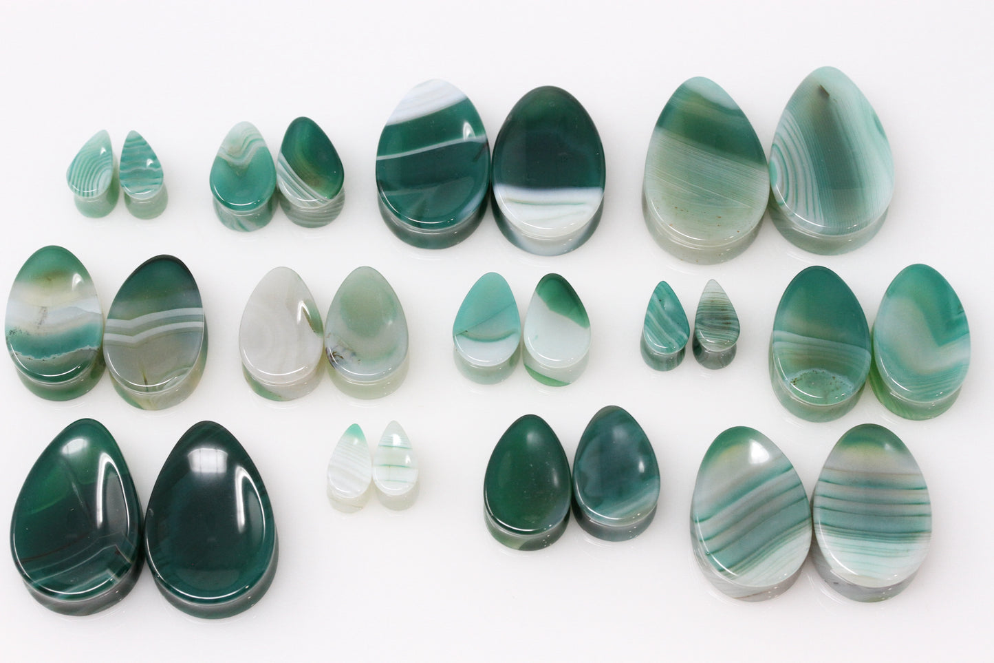 Green Line Agate Teardrop Shaped Plugs - Group 3