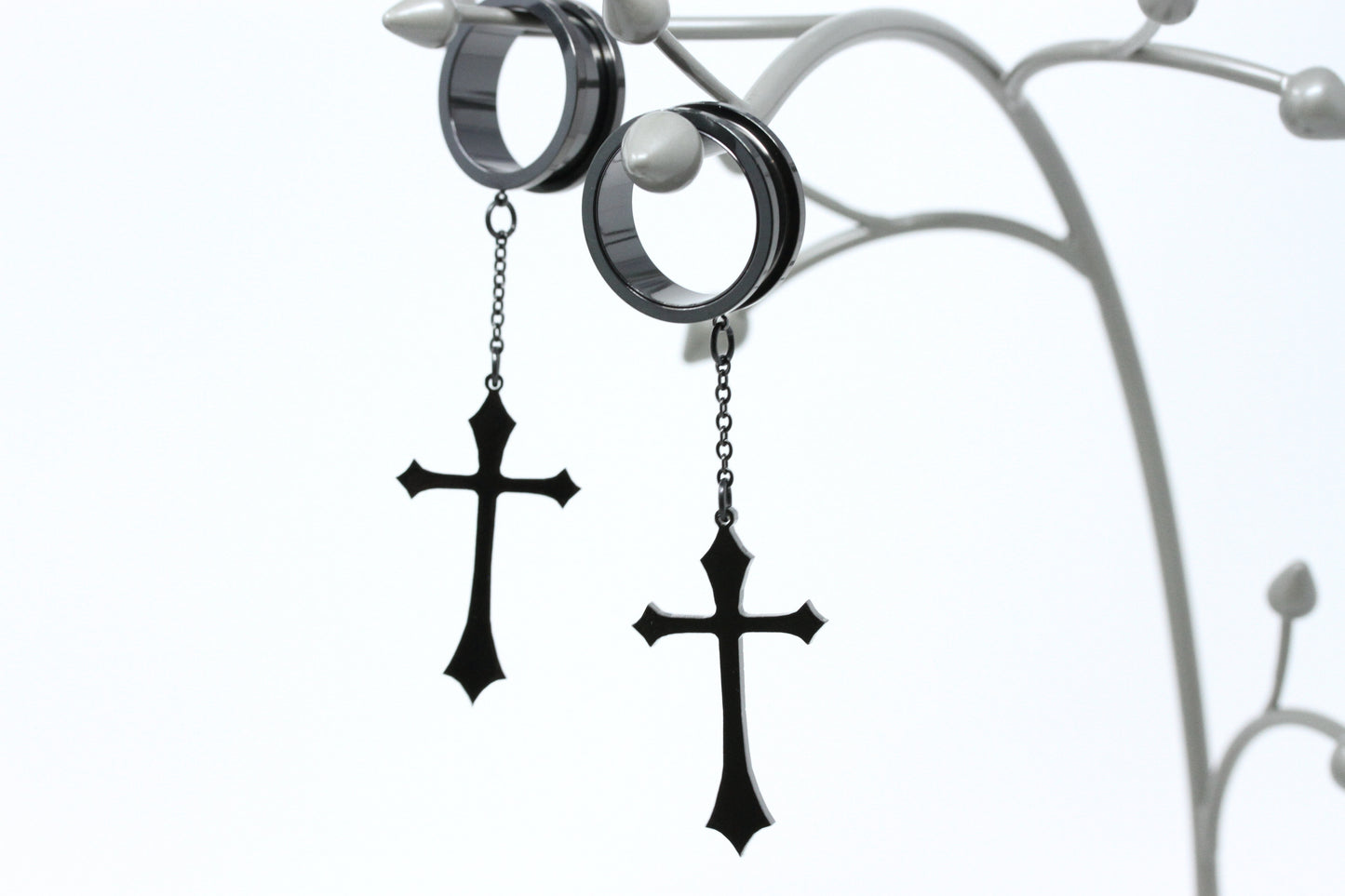 Black Cross Stainless Steel Danglers - Screw on Tunnel (Pair) - TF002