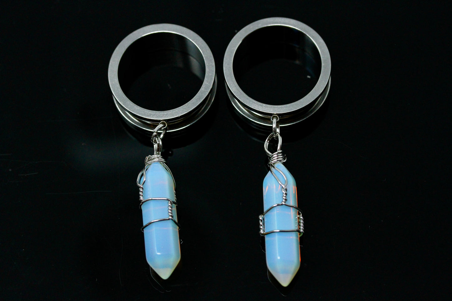 Opalite Wand Stainless Steel Danglers - Screw on Tunnel (Pair) - TF009