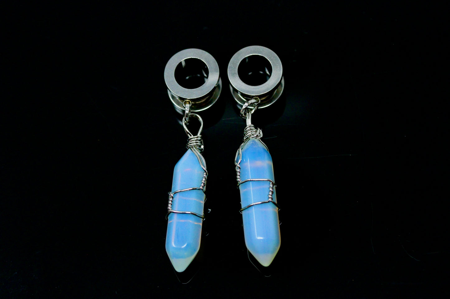Opalite Wand Stainless Steel Danglers - Screw on Tunnel (Pair) - TF009