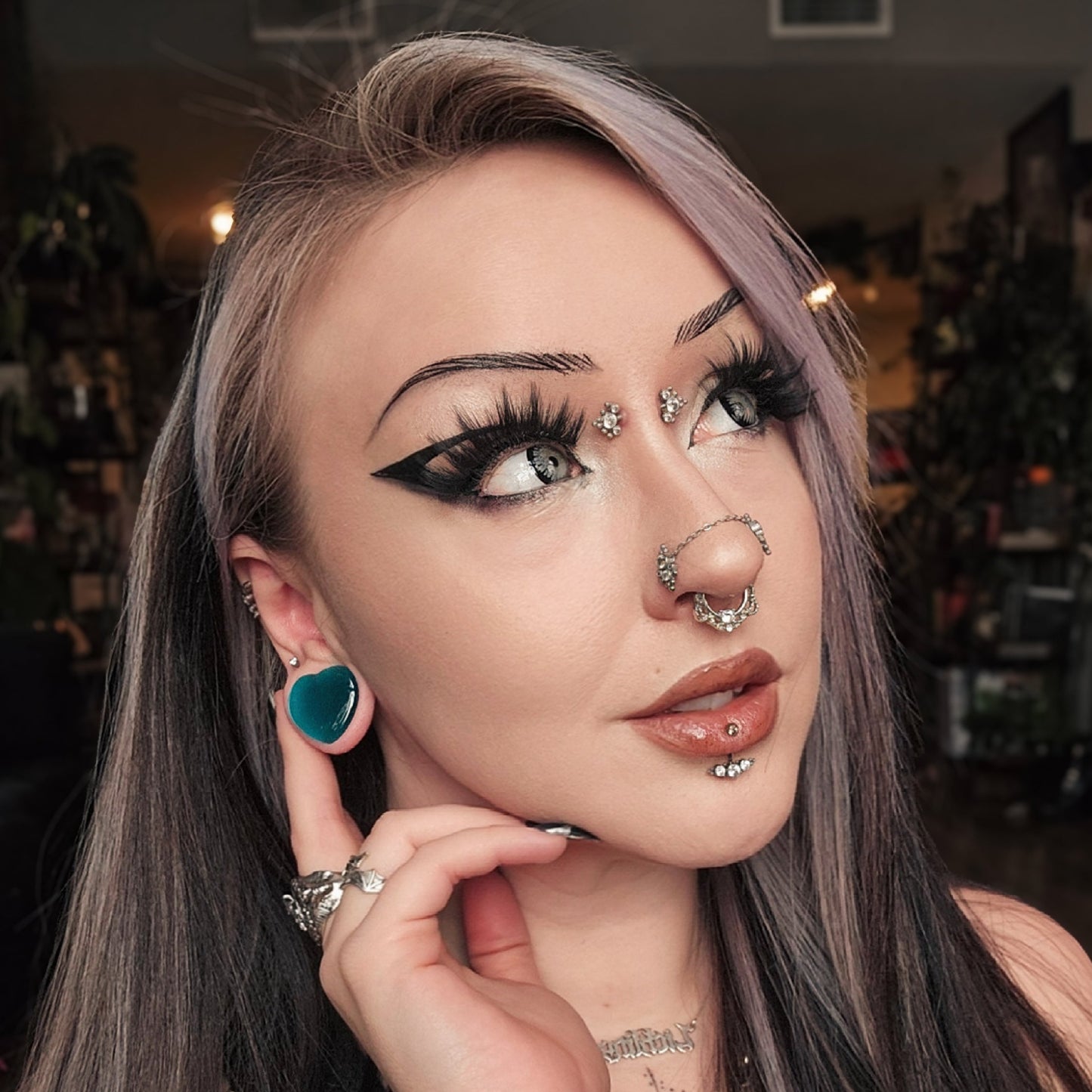 Aqua Cat's Eye Glass Heart Plugs - Stone Chunky Heart Plugs (Pair) - PH202