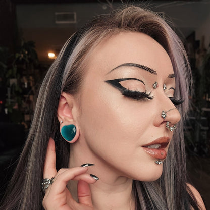 Aqua Cat's Eye Glass Heart Plugs - Stone Chunky Heart Plugs (Pair) - PH202