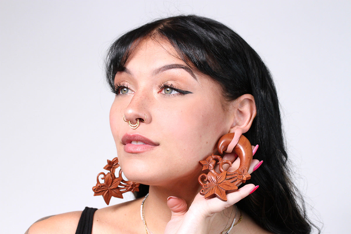Hand-Carved Tribal Floral Areng Wood Ear Spiral Expander Plugs – Black, Pair