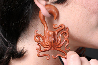 Hand Carved Wood Octopus Ear Hangers (Pair) - A052