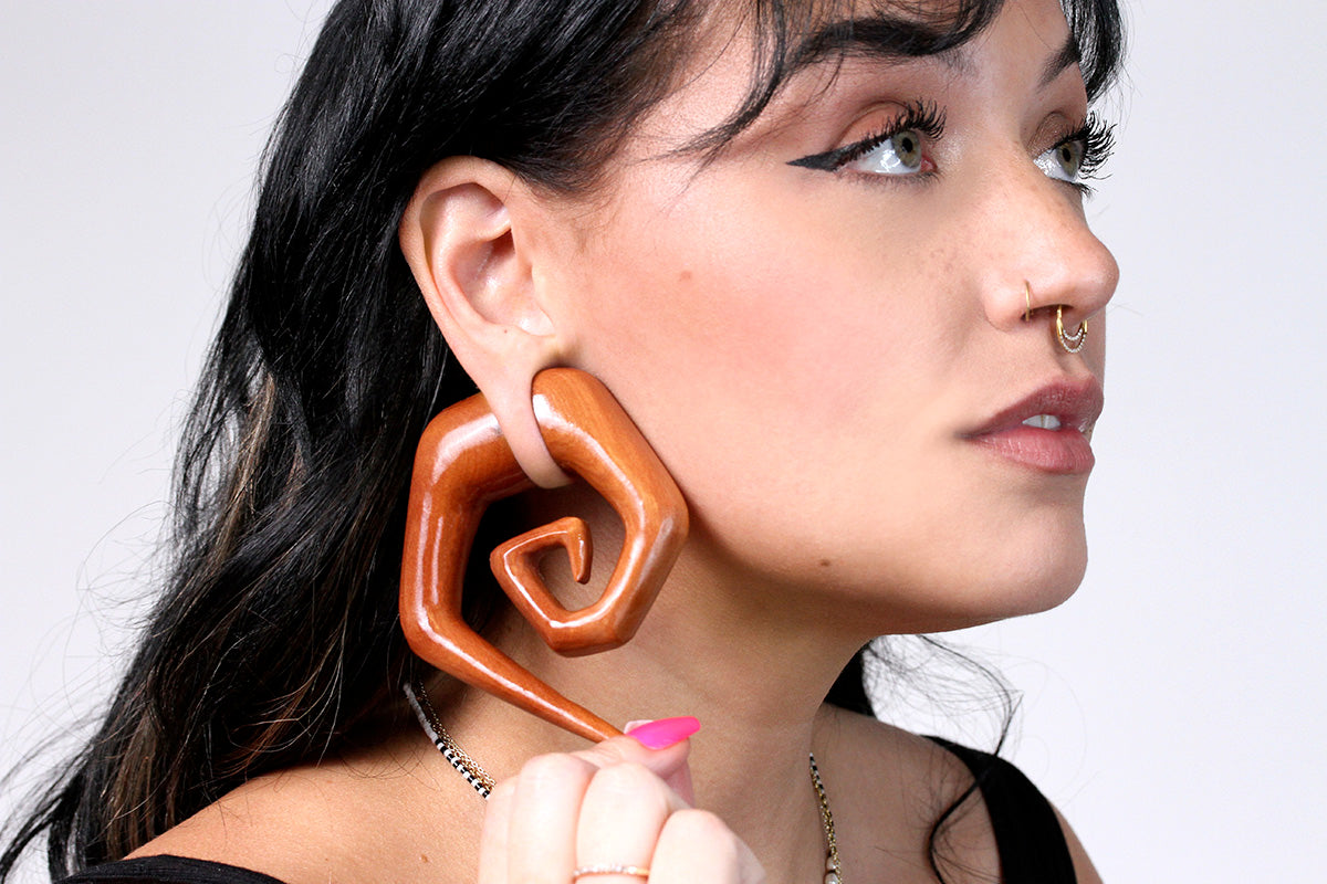 Hand-Carved Tribal Floral Areng Wood Ear Spiral Expander Plugs – Black – Pair – Made In Indonesia