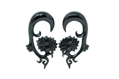 Black Lotus Carved Ear Stretch Earrings (Pair) - B023