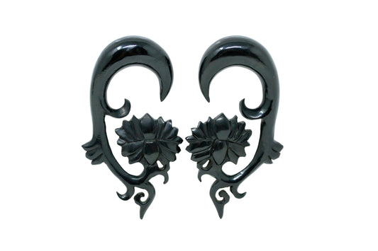 Black Lotus Carved Ear Stretch Earrings (Pair) - B023