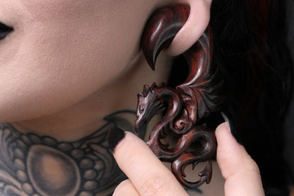 Serpent Dragon Plugs - Carved Wood Hanging Plugs (Pair) - D041