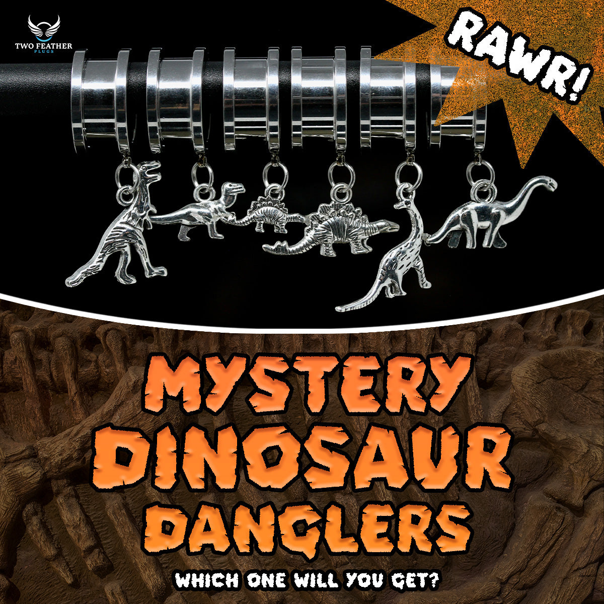 Mystery Dino Stainless Steel Danglers - Screw on Tunnel (Pair) - TF0159