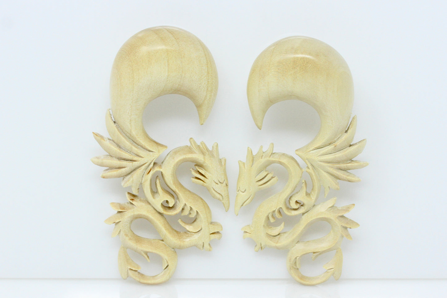 White Serpent Dragon Plugs - Wood Hanging Dragon Plugs (Pair) - E005