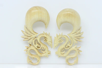 White Serpent Dragon Plugs - Wood Hanging Dragon Plugs (Pair) - E005