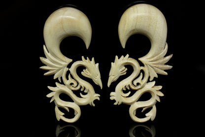 White Serpent Dragon Plugs - Wood Hanging Dragon Plugs (Pair) - E005