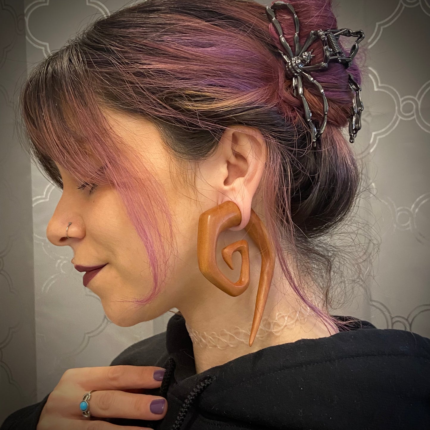 Carved Sawo Wood Stretched Ear Spirals (Pair) - A074