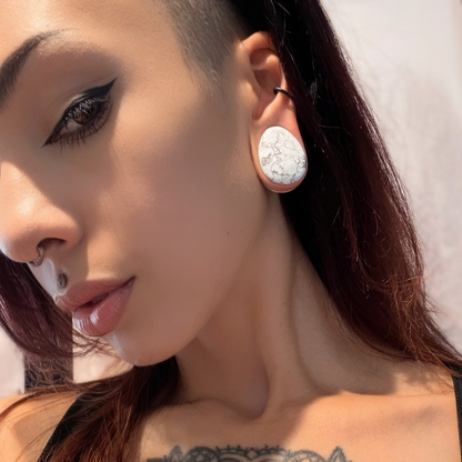 White Howlite Teardrop Plugs - Double Flared Howlite Plugs (Pair) - PH116