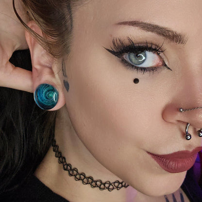 Blue Cyclone Glass Plugs for stretched ears (Pair) - G027