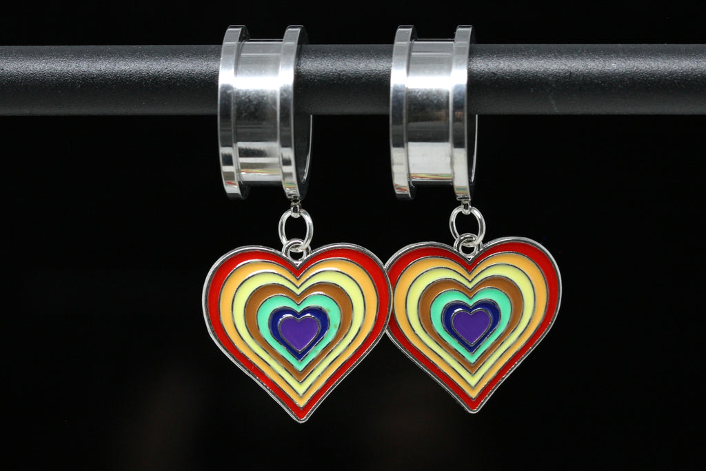 Rainbow Heart Stainless Steel Danglers - Screw on Tunnel (Pair) - TF120