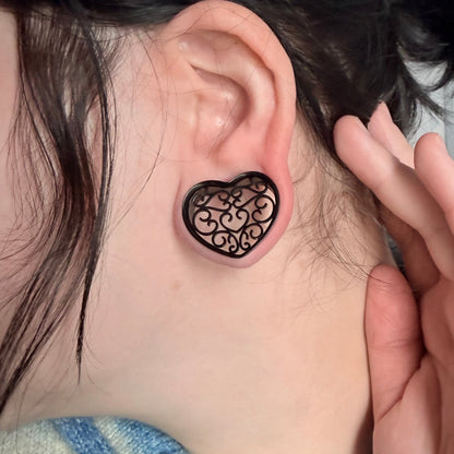 Elegant Black Heart Plugs - Stainless Steel (Pair) - PSS99