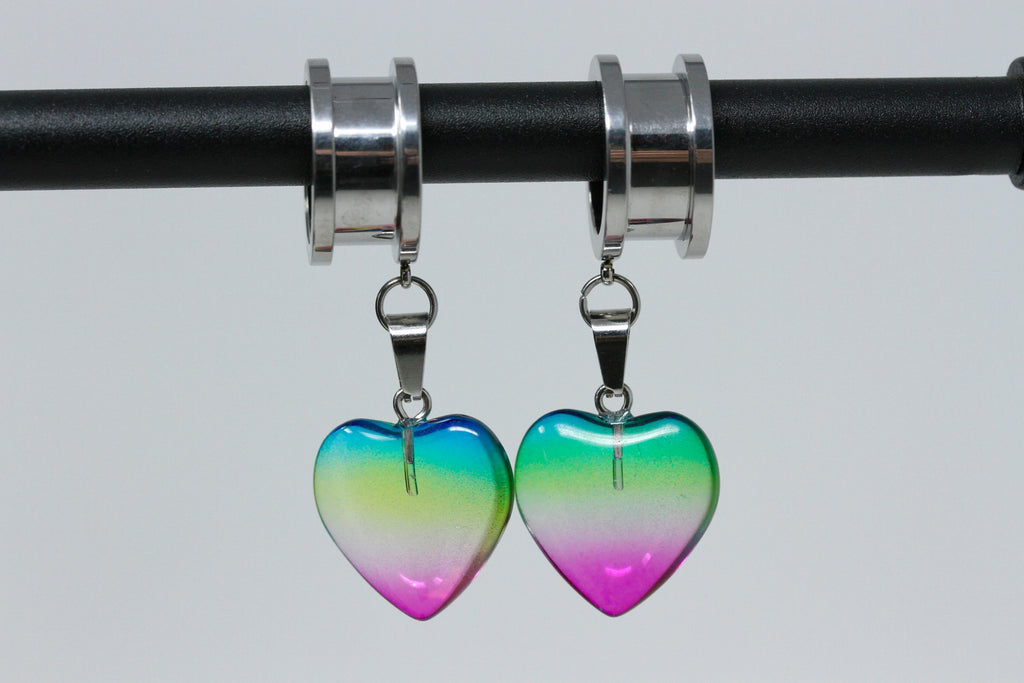 Glass Heart Stainless Steel Danglers - Screw on Tunnel (Pair) - TF154