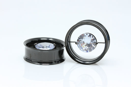 Black Floating Gem Stainless Steel Tunnels (Pair) - PSS166