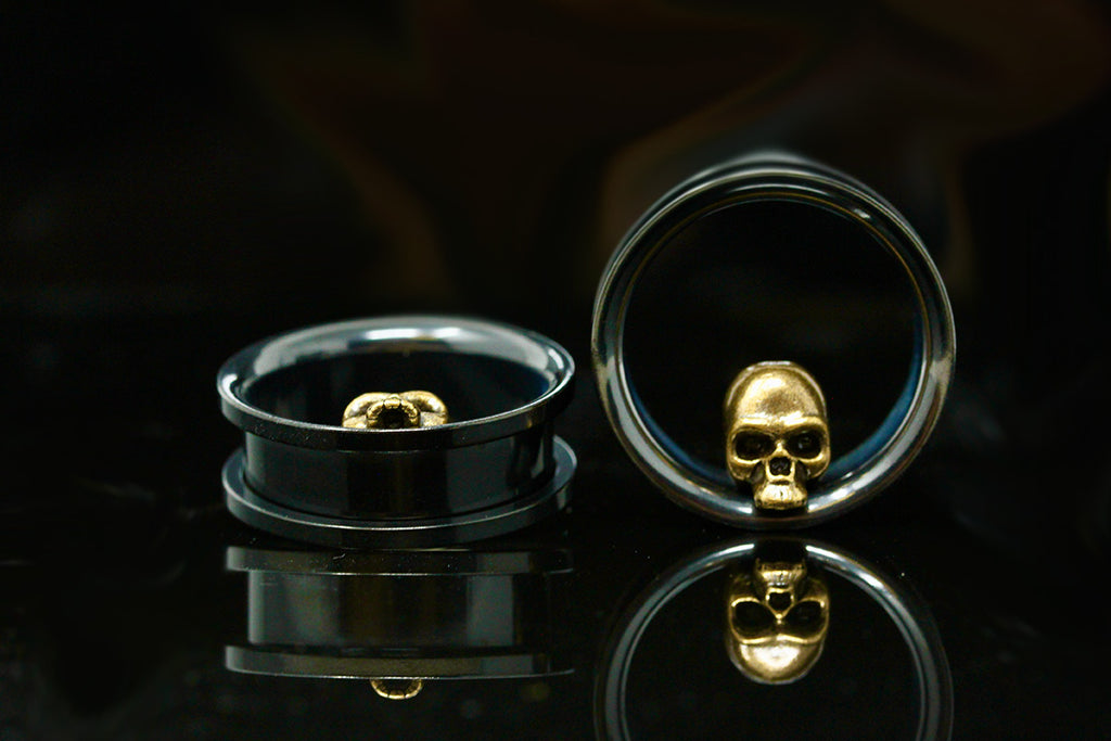 Gold Skull Stainless Steel Tunnels - Screw on Tunnel (Pair) - PSS68