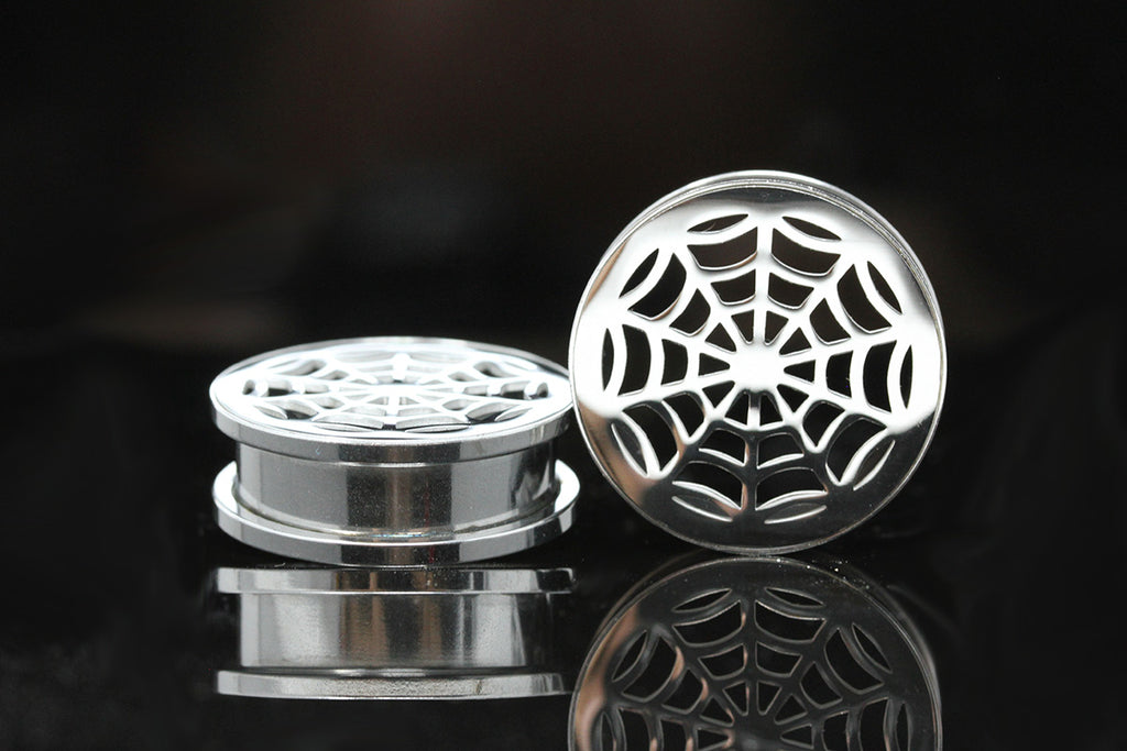 Spider Web Stainless Steel Plugs - Screw on (Pair) - PSS53