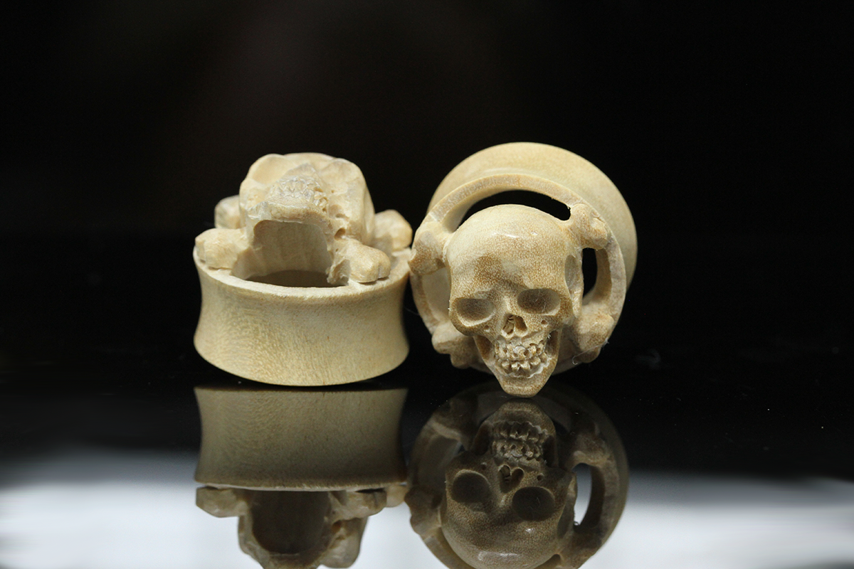 Wood Skull and Cross Bone Plugs - (Pair) - PA165