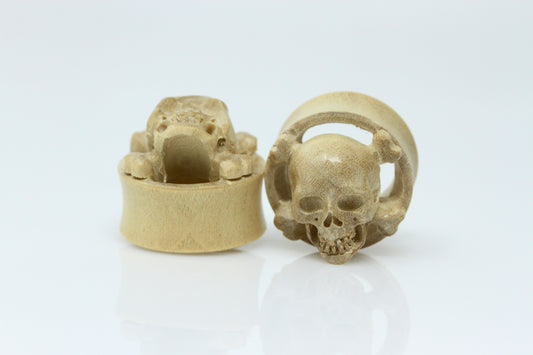 Wood Skull and Cross Bone Plugs - (Pair) - PA165
