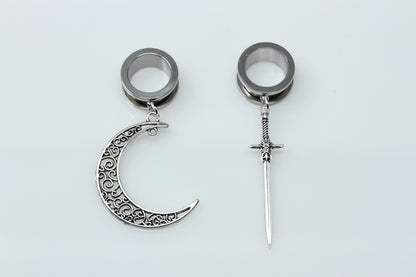 Moon and Sword Danglers - Screw on Tunnel (Pair) - TF069