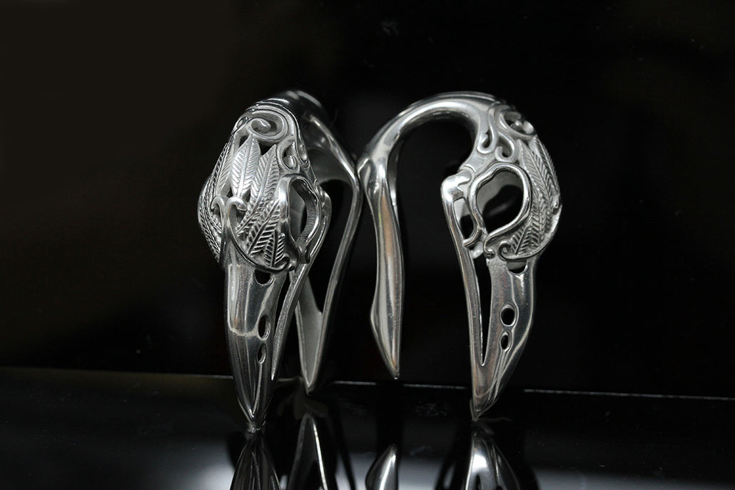 Silver Raven Skull Steel Ear Weights (Pair) - PSS50