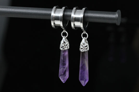 Amethyst Wand Stainless Steel Danglers - Screw on Tunnel (Pair) - TF012