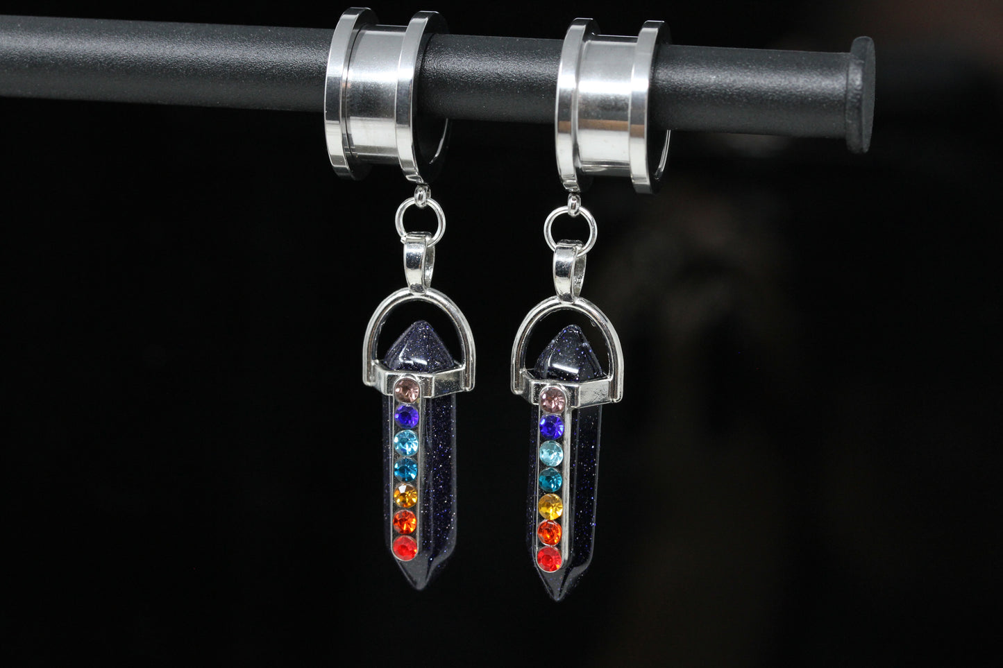 Blue Goldstone Chakra Wand Danglers - Screw on Tunnel (Pair) - TF053