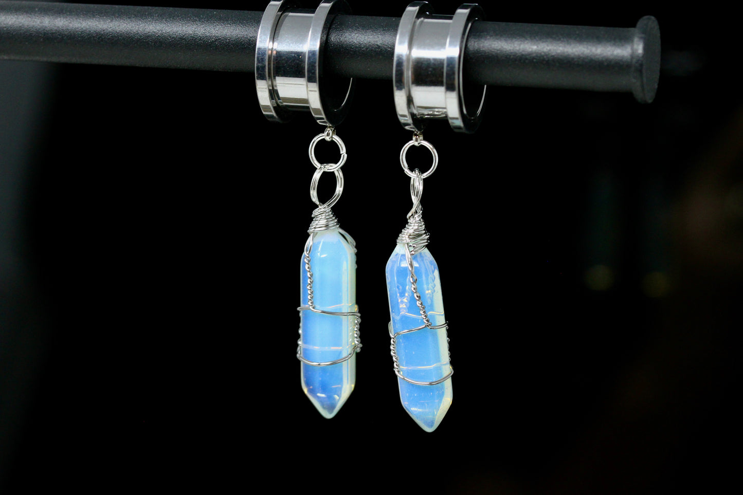 Opalite Wand Stainless Steel Danglers - Screw on Tunnel (Pair) - TF009