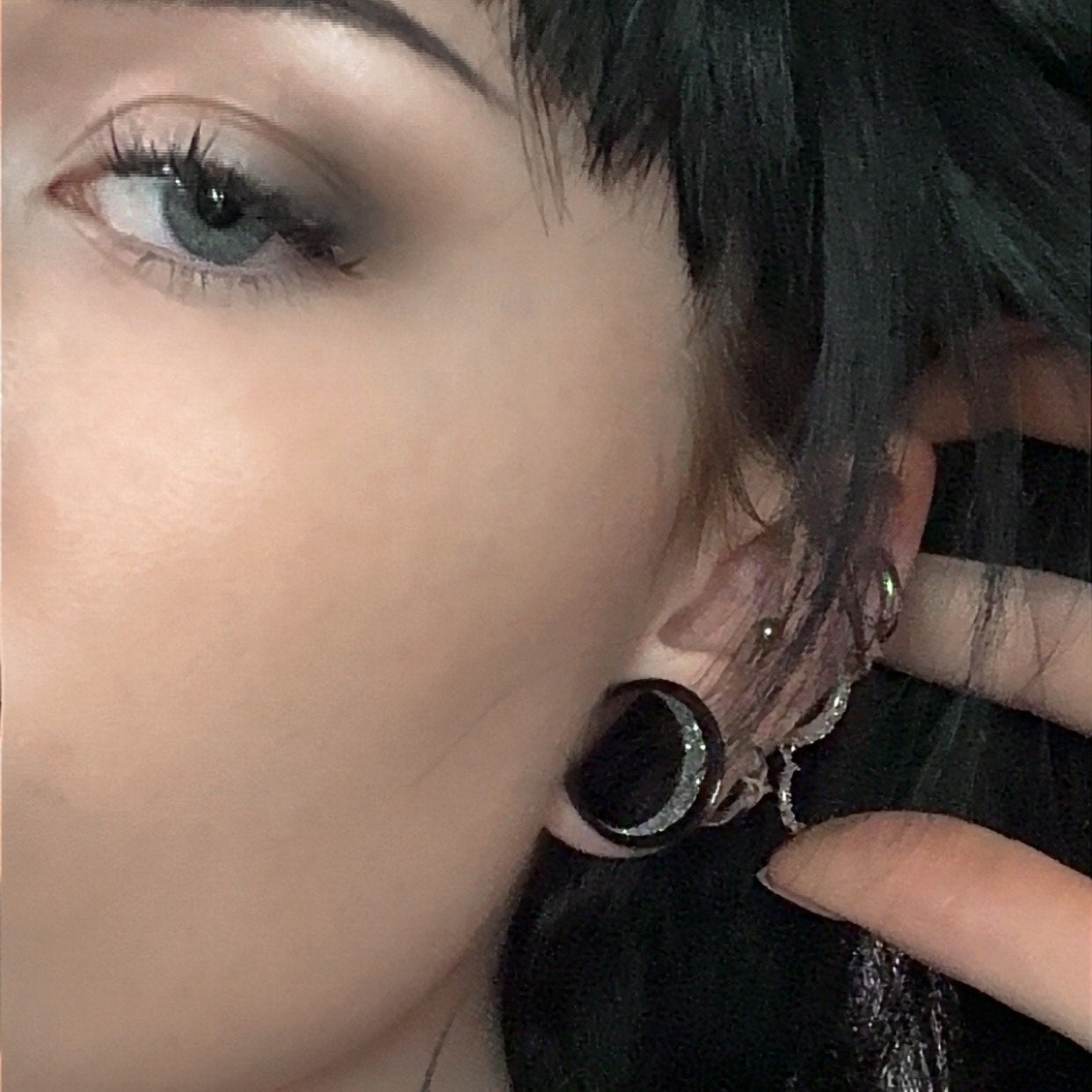 Silver Glitter Black Stainless Steel Tunnels (Pair) - PSS88