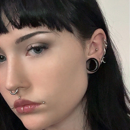 Silver Glitter Black Stainless Steel Tunnels (Pair) - PSS88