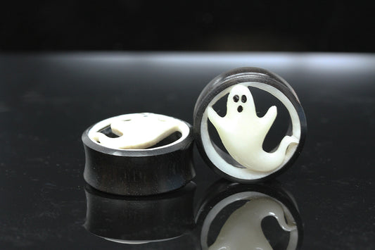 Wood and Bone Ghost Plugs - Hand Carved (Pair) - PA129