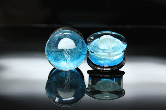 White JellyFish Glass Plugs (Pair) - G062