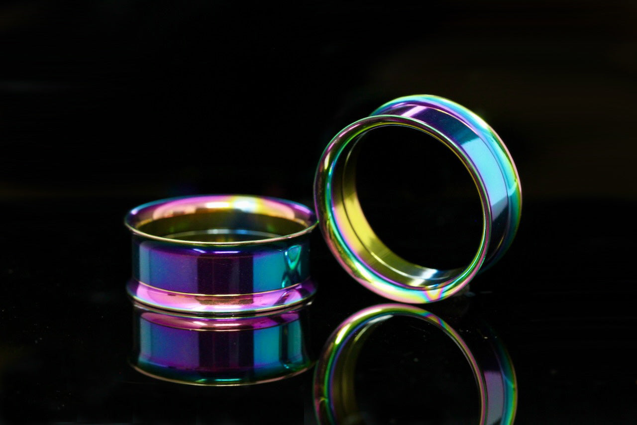 Iridescent Stainless Steel Tunnels - Screw on Tunnel (Pair) - PSS218